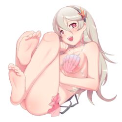 1girls alternate_costume bare_legs barefoot bikini breasts corrin_(fire_emblem) corrin_(fire_emblem)_(female) corrin_(summer)_(fire_emblem)_(female) feet female female_only fire_emblem fire_emblem_cipher fire_emblem_fates grey_hair hairband human long_hair maidforge medium_breasts nintendo open_mouth red_eyes shell_bikini sideboob smile soles solo swimsuit toes