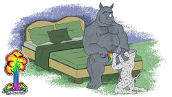 anthro bed big_dom_small_sub bodily_fluids canid canine canis clothing clothing_aside cum cum_on_penis dalmatian domestic_dog dominant duo erection fellatio foreskin furniture genital_fluids genitals male male/male mammal on_bed oral penile penis rhinocerotoid rockblackhorn_(artist) sex sitting sitting_on_bed size_difference thong thong_aside underwear underwear_aside