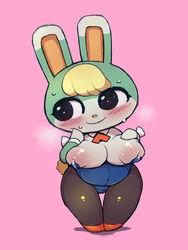 3:4 animal_crossing anthro big_breasts blush bodily_fluids breasts bunny_costume clothing costume featureless_feet featureless_hands female hand_on_breast hand_on_face hi_res huge_breasts lactating lagomorph legwear leporid looking_aside mammal mtf_crossgender nekoyuu nintendo nipple_slip pantyhose pink_background rabbit rule_63 sasha_(animal_crossing) shortstack simple_background smile solo the_character_is_better_this_way thigh_gap video_games