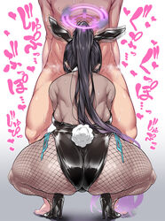 1boy animal_ears ass back backboob black_footwear black_hair blue_archive breasts clothed_female_nude_male completely_nude dark-skinned_female dark_skin earrings female fishnet_legwear fishnets gensui_(auoua) halo high_heels highres implied_fellatio jewelry karin_(blue_archive) karin_(bunny)_(blue_archive) long_hair nude pantyhose playboy_bunny ponytail rabbit_ears spread_legs squatting sweat