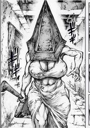 abs armed big_ass big_breasts big_butt big_sword black_and_white double_deck faceless_female female games genderswap genderswap_(mtf) humanoid monster muscular_arms muscular_female muscular_thighs nightmare_waifu nipple_bulge pyramid_head rule_63 silent_hill silent_hill_2 solo sword thick_thighs wide_hips