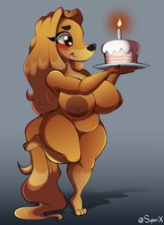 2019 absurd_res anthro areola artist_name belly big_areola big_breasts birthday_cake blush breasts cake canid canine canis chibi curvy_figure dessert digital_media_(artwork) dogmom domestic_dog eyelashes feet female fingers food fur grey_background hair hi_res huge_breasts hunting_dog inverted_nipples long_hair mabel_(cherrikissu) mammal mature_anthro mature_female nipples nude saluki shadow sighthound simple_background slightly_chubby smile solo standing superix tan_body tan_fur tan_hair thick_thighs toes tongue tongue_out voluptuous wide_hips yellow_eyes