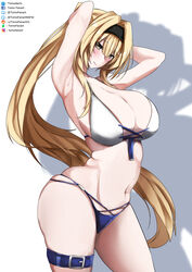 1girls armpits arms_behind_head arms_up bare_shoulders bare_thighs bianca_(punishing:_gray_raven) blonde_hair blush female female_focus female_only huge_breasts long_hair navel ponytail punishing:_gray_raven robot_girl smile solo swimsuit tomodachi_(tomofanart) yellow_eyes