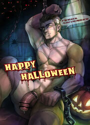 1boy abs bara black_hair completely_nude cosplay cuffs english_text feet_out_of_frame flaccid frankenstein's_monster frankenstein's_monster_(cosplay) halloween halloween_costume handcuffs jack-o'-lantern long_sideburns male_focus male_pubic_hair mature_male muscular muscular_male navel navel_hair nipples nude original pectorals penis precum precum_drip pubic_hair short_hair sideburns sitting solo spread_legs stomach syu0909 thick_eyebrows thick_thighs thighs yellow_eyes