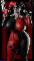 1girls 3d alternate_breast_size alternate_version_available artist_name batman:_arkham_knight batman_(series) big_breasts blue_eyes bodysuit busty clothing curvaceous curvy curvy_figure dc dc_comics drakepowers eyes female female_only full_color fully_clothed gun hair harley_quinn harley_quinn_(classic) harley_quinn_(injustice) hips hourglass_figure huge_breasts injustice_2 large_breasts light-skinned_female light_skin lips lipstick makeup mouth solo thick thick_thighs thighs tight_clothing top_heavy upper_body villain villainess voluptuous watermark wide_hips wink