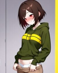 ai ai_generated blush brown_hair brown_pants chara chara_(undertale) female_only green_hoodie looking_down panties pants_pulled_down red_eyes solo undertale undertale_(series)