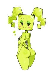 1girls :> black_eyes breasts ckground closed_mouth clothing cowboy_shot cropped_legs eyeshadow flat_chest from_behind green_skin half-closed_eyes highleg highleg_bikini humanization looking_at_viewer looking_back makeup mimi_(super_paper_mario) paper_mario personification small_breasts standing super_paper_mario swimsuit thong_bikini twintails white_background yellow_skin