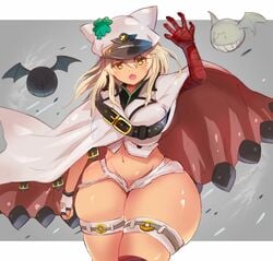 1girls big_thighs blonde_hair bottom_heavy breasts dark-skinned_female dark_skin female female_focus guilty_gear hat hips huge_thighs human large_breasts large_thighs midriff ramlethal_valentine ripped_clothing ripped_shorts short_hair short_shorts shorts solo teruwo_sun thick_thighs thighs whitewashed wide_hips