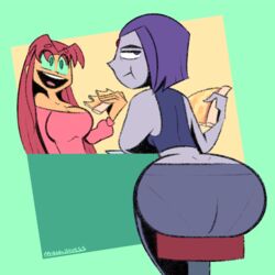 2girls ass breasts bubble_butt butt_crack dat_ass dc dc_comics green_eyes huge_ass huge_butt koriand'r large_breasts mythabyss pizza purple_eyes purple_hair rachel_roth raven_(dc) red_hair smooth_skin starfire teen teen_titans teen_titans_go wide_hips