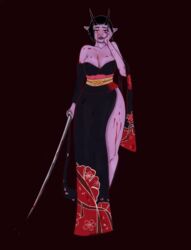 1girls animated animated big_breasts black_hair blood blood_on_face blood_stain bouncing_breasts breasts clothed female female_only horns inneophyte japanese_clothes loop oni oni_horns pointy_ears purple_skin red_eyes sandals solo_female sword walking walking_towards_viewer