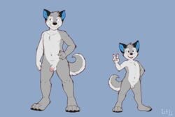 2018 anthro balls blue_background blue_eyes canid canine canis circumcised domestic_dog flaccid genitals hi_res humanoid_genitalia iztli male mammal monotone_background nude open_mouth penis signature simple_background smile standing