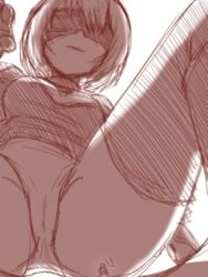 1girls blindfold breasts clothed clothing disinterested emotionless expressionless female giantess leotard macro micro monochrome nier:_automata preesoul shrunk shrunken_person size_difference thick_thighs thighhighs white_hair yorha_2b