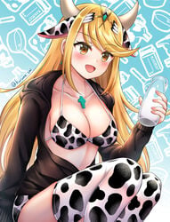 bangs bikini blonde_hair blush breasts colored core_crystal cow_ears cow_girl cow_horns cow_print cow_print_bikini cow_print_thighhighs crystal female happy horns jacket kurume large_breasts leggings long_hair milk milk_bottle mythra nintendo smile smiling swept_bangs tagme thick_thighs thighhighs thighs xenoblade_(series) xenoblade_chronicles_2 yellow_eyes