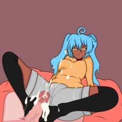 automanyaco blue_hair cum cum_on_feet cumshot dark_elf dark_skin erection feet_on_penis penis slime_hair