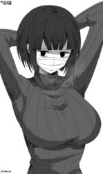 1girls big_breasts black_and_white black_eyes black_hair blossom_hope breasts breath clothed clothes clothing english_text face_mask female female_only huge_breasts human human_only humanoid large_breasts long_sleeves looking_at_viewer monochrome no_mouth safe short_hair simple_background solo solo_female text tomi_washua watermark white_background woomler