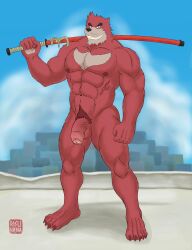 absurd_res anthro balls big_muscles erection fur genitals hi_res humanoid_genitalia humanoid_penis katana kemono kumatetsu male male/male male_only mammal melee_weapon muscular muscular_anthro muscular_male nipples nude outside penis red_body red_fur risuhiena solo sword the_boy_and_the_beast ursid weapon