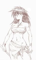 1990s 1girls big_breasts breasts busty cleavage female female_only highres jewelry large_breasts legs long_hair monochrome navel necklace original retro_artstyle sarong sexy sketch solo strapless thighs toned traditional_media tube_top voluptuous weapon