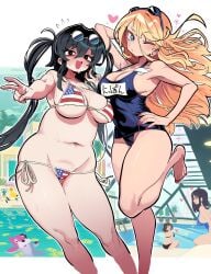 2girls american_flag_bikini background_characters bare_shoulders barefoot bikini black_eyes black_hair blonde_hair blue_eyes blush breasts chubby chubby_female cleavage feet female female_only gashi-gashi glasses glasses_on_head goggles heart long_hair navel original original_character peace_sign pool posing sideboob smile sweat sweating swimsuit tagme thick_thighs tied_hair trembling uejini voluptuous walter_white wide_hips
