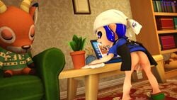 1girls 2021 3d animal_crossing apron ass beau_(animal_crossing) being_watched blue_eyes blue_hair blue_shirt bookshelf chair cleaning convex_(freezerburn) crossover deer dripping_pussy freezerburnsfm headgear inkling inkling_girl laptop looking_back masturbating masturbation nintendo plant pussy sfm shoes sleeping source_filmmaker splatoon splatoon_2 table