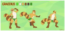 2018 absurd_res anthro balls_outline bulge clothed clothing crouching english_text furry genital_outline green_eyes hi_res iztli looking_at_viewer male mammal navel nude penis_outline procyonid raccoon signature solo text topless topless_male underwear underwear_only