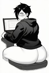 1boy ai_generated angry_face ass black_hair bottomless computer dat_ass doomer_boy emo femboy goth huge_ass laptop looking_at_viewer male_focus male_only no_underwear sweaty_ass