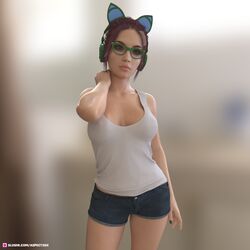 1girls 3d aspect3dx brown_hair cat_ear_headphones clothed clothing futa_only futanari glasses green_glasses green_headwear green_nail_polish headphones jean_shorts large_breasts original pinup short_hair simple_background slushe_(website) solo solo_futa spektra_(aspect3dx) standing tank_top