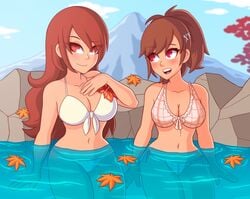 2girls alternate_costume atlus bikini breasts chemical_bro cleavage female female_only front-tie_bikini kotone_shiomi long_hair mitsuru_kirijo navel onsen persona persona_3 plaid_bikini ponytail red_eyes red_hair swimsuit tagme water white_bikini