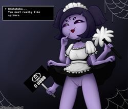 :3 absurd_res anthro arachnid arthropod bottomless bottomwear clothed clothing clothing_lift fangs female genitals hi_res looking_at_viewer maid_uniform muffet multi_arm multi_eye multi_limb open_mouth open_smile pussy rsinnamonroll skirt skirt_lift smile solo spider undertale undertale_(series) uniform video_games