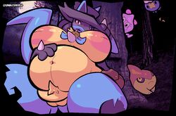 anthro areola belly beta_gible big_belly big_breasts breasts drifloon female forest fupa genitals looking_at_viewer lucario moon navel nintendo nipples overweight overweight_anthro overweight_female peachpunch11 plant pokemon pokemon_(species) pubes pussy rotom slightly_chubby solo_focus tree video_games