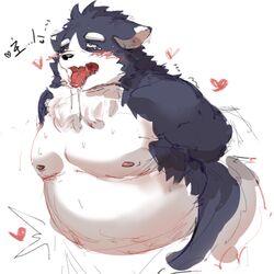 ahe_gao anthro belly blush canid canine canis domestic_dog fenrir_shino fur grey_body grey_fur harima heart looking_pleasured male male_only mammal moobs nipples overweight solo tamacolle white_belly