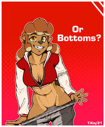 2021 5_fingers abs anthro beaver big_teeth border bottomwear bottomwear_pull breasts buckteeth bunn_delafontaine cleavage clothed clothing clothing_pull digital_media_(artwork) english_text female fingers freckles front_view hair halftone halftone_background mammal pattern_background ponytail red_background rodent simple_background smile solo t-kay teeth text undressing white_border workout_clothing yellow_eyes