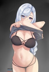 1girls abs absurd_res amai-pai belly_button big_breasts black_bra black_panties black_underwear blue_eyes blush bra braid braided_hair breasts cleavage female genshin_impact grey_background hair_over_one_eye hi_res highres hips huge_breasts human large_breasts long_hair looking_at_viewer midriff panties plain_background purple_eyes shenhe_(genshin_impact) shirt shirt_lift shirt_pull shirt_up simple_background slim_waist small_waist solo taking_clothes_off thick thick_thighs thigh_gap thighs underwear waist white_hair wide_hips