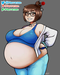 1girls asian asian_female belly big_belly big_breasts breasts eyewear female female_only glasses huge_belly large_breasts marrazan mei_(overwatch) overwatch pregnant ready_to_pop solo