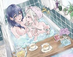 2girls bathtub blue_eyes blue_hair byleth_(fire_emblem) byleth_(fire_emblem)_(female) covering cup edelgard_von_hresvelg female_only fire_emblem fire_emblem:_three_houses ichi27ichi indoors long_hair multiple_girls nintendo nude purple_eyes shared_bathing sharing_bathtub shaved_ice spoon tea teacup teapot white_hair wholesome window yuri