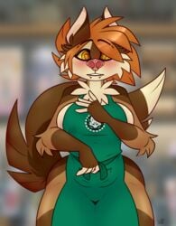 anthro big_nostrils blush breasts female furry lactation long_tail shiny_hair starbeforedawn_(artist) starbucks thick_thighs