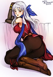 1girls arm_support armpits artist_name ass bangle bare_shoulders big_ass black_gloves black_legwear blue_scarf blush bracelet commentary dated dress elbow_gloves female female_only fingerless_gloves fire_emblem fire_emblem:_radiant_dawn gloves hair_ribbon half_updo jewelry looking_back micaiah_(fire_emblem) minacream nintendo pantyhose photoshop_(medium) ribbon scarf side_slit silver_hair sitting sleeveless sleeveless_dress smile solo yellow_eyes