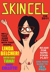 1girls arms_up black_hair bob's_burgers english_text female female_only glasses linda_belcher magazine_cover medium_breasts nipples nude open_mouth sagging_breasts solo toonytease