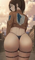 1girls 2021 alternate_version_available artist_signature ass ass_focus ass_shot attack_on_titan black_panties black_thong blush brown_eyes brown_hair bubble_butt cityscape female female_only hi_res hips huge_ass jacket long_hair looking_at_viewer looking_back looking_over_shoulder no_pants panties ponytail sasha_braus shexyo shingeki_no_kyojin slim_waist smile solo thick_thighs thigh_gap thighs thong wide_hips