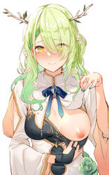 antlers bangs blue_bow blush bow braid braided_bangs breasts bridal_gauntlets ceres_fauna closed_mouth clothes_lift clothes_pull commentary dress_pull eyebrows_visible_through_hair eyes_visible_through_hair female flower green_hair green_nails hair_flower hair_ornament hair_over_one_eye hcz_n highres hololive hololive_english hololive_english_-council- hololive_english_-promise- lifted_by_self long_hair long_sleeves mole mole_under_eye multicolored_hair nail_polish nipples one_breast_out pulled_by_self revision simple_background single_braid single_bridal_gauntlet smile solo streaked_hair symbol-only_commentary upper_body virtual_youtuber white_background white_flower yellow_eyes