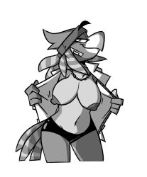 2025 accipitrid accipitriform anthro areola avian band-aid band-aid_on_face bandage bandage_on_face beak big_breasts biped bird bottomwear breasts chain_necklace clothed clothing eyebrows feathers female flashing floating_eyebrows greyscale half-closed_eyes head_tuft hi_res hotpants jacket jewelry monochrome motion_lines narrowed_eyes navel necklace nilina_(felino) nipples open_clothing open_jacket open_topwear pixylbyte portrait shorts simple_background solo standing tail tail_feathers three-quarter_portrait topwear tuft white_background