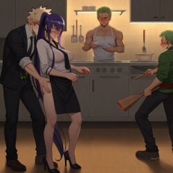 1girls ai_generated apron blue_hair boku_no_hero_academia crossover highschool_of_the_dead katsuki_bakugou kitchen my_hero_academia one_piece roronoa_zoro saeko_busujima