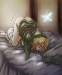 bed blonde_hair blush bottomless cry cum link link_(ocarina_of_time) male male_focus male_masturbation masturbation navi nintendo ocarina_of_time pointy_ears straight_hair suzuno_(kazahanasu) tear the_legend_of_zelda wink