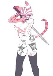 1girls cat_ears cat_tail countryhumans countryhumans_girl edit holding_breast japanese_empire_(countryhumans) katana medium_breasts stockings tattoo