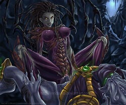 alien big_breasts black_hair breasts claws cleavage climax cowgirl_position cum cum_inside ejaculation eridaiho female femdom highres huge_breasts large_breasts monster_girl protoss rape reverse_rape sarah_kerrigan sex smile spread_legs starcraft straddle uncensored vaginal_penetration yellow_eyes zeratul zerg