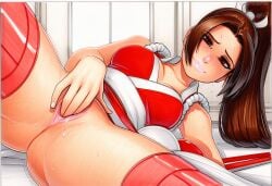 2025 ai_generated artist_name blush breasts brown_eyes brown_hair crazyfishbones female large_breasts shiranui_mai solo spread_legs thighhighs