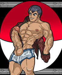 1boy abs color curved_cock erect_nipples erection exposed_nipples gray_eyes gray_hair holding_penis huge_cock human k3rry large_testicles male male_only muscles nintendo nipples norman_(pokemon) open_shirt pecs penis poke_ball pokemon pokemon_rse pubic_hair senri_(pokemon) shirt_removed short_hair shorts_down solo standing tagme testicles veiny_muscles veiny_penis wide_thighs