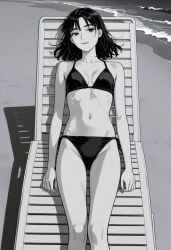 ai_generated beach black_bikini female flexing initial_d light_smile looking_at_viewer manga_style monochrome ocean omi_tsugumi sitting skinny slim_body slim_waist