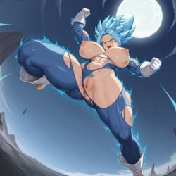 1girls ai_generated blonde_hair blue_tights, buff c.c.leah enigma_of_sepia genderbent huge_breasts huge_thighs mobile_game muscular_female super_saiyan super_saiyan_blue vespera vespera_(enigma_of_sepia)