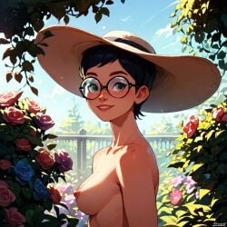 1girl ai_generated bare_arms bare_breasts breasts breasts_exposed breasts_out breasts_outside carmen_sandiego_(2019) carmen_sandiego_(franchise) female female_focus female_only flowers garden gardener glasses julia_argent julia_argent_(carmen_sandiego) naked naked_female no_bra nude nude_female outdoors outside short_hair solo solo_female solo_focus sunhat tits_out topless topless_female zupern0va_(manipper)