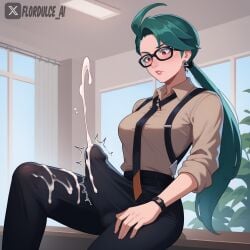 1futa ai_generated collared_shirt cum cumming cumshot earrings ejaculating_cum ejaculation ejaculation_under_clothes erect_penis erection erection_under_clothes erection_under_clothing flordulce futa_only futanari glasses green_hair indoors long_hair office orgasm pants penis pokemon pokemon_sv red_eyes rika_(pokemon) sitting solo_futa spread_legs suspenders tie